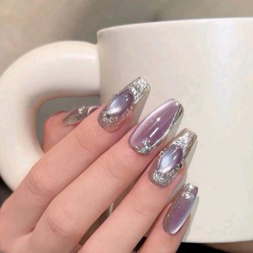 Elegant Silver and Purple Nail Art